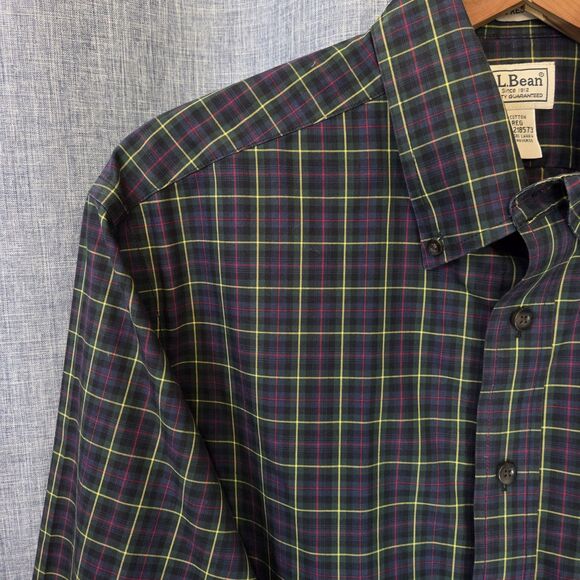 LL Bean Wrinkle Resistant Shirt Men's M-Reg Button Down Blu/Blk/Grn/Yel Plaid - Picture 1 of 9